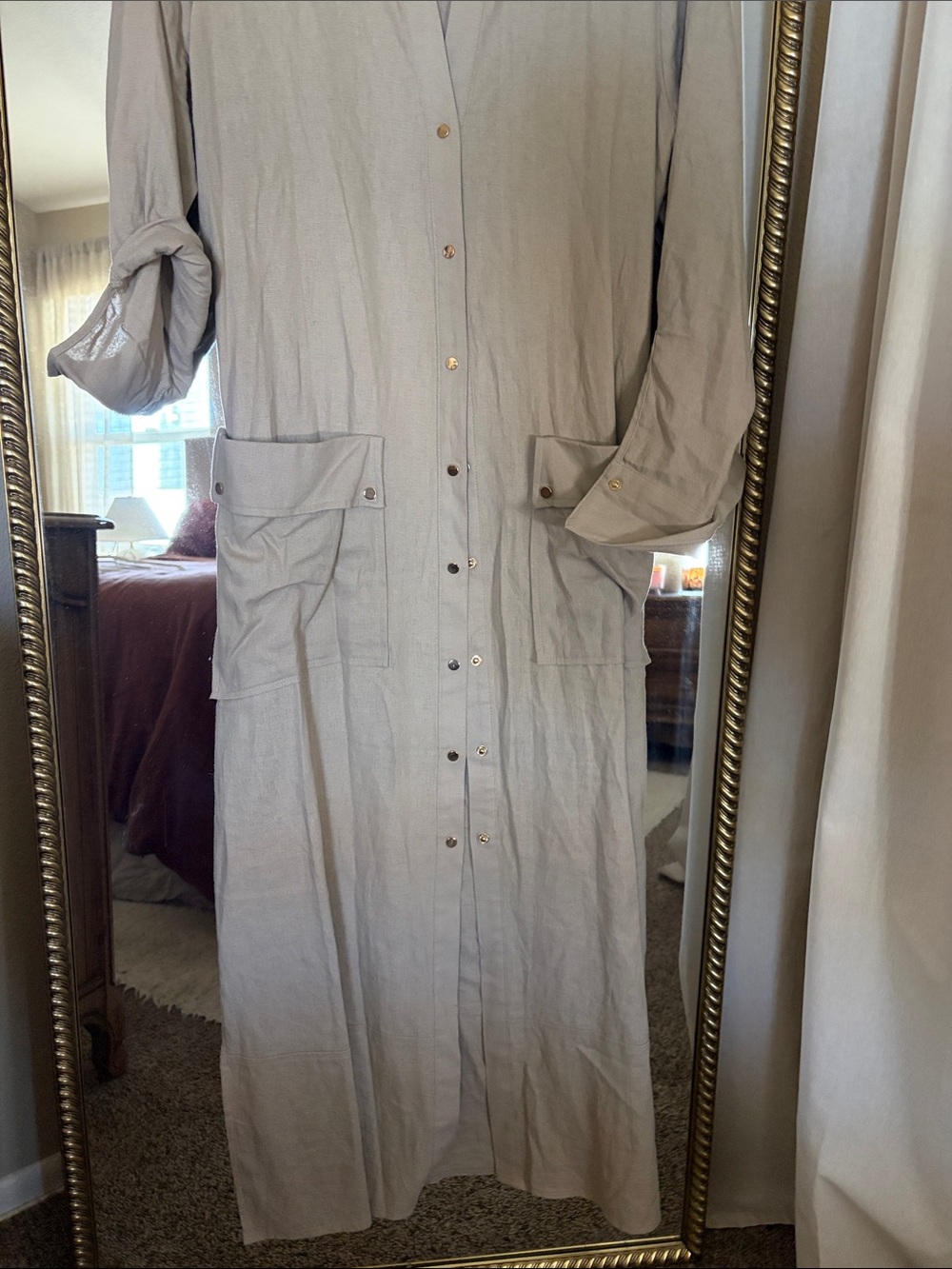 Zara Light Beige Button-Front Maxi Shirt Dress - Picture 3 of 5